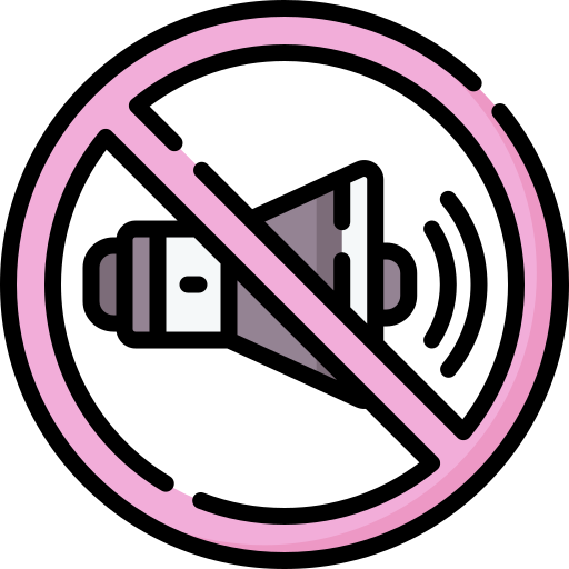 Durchgestrichenes Lautsprecher-Icon als Symbol für leises Stühlerücken. Die Stuhlsocken von stuhl-socken.ch dämpfen Geräusche und schützen Böden.