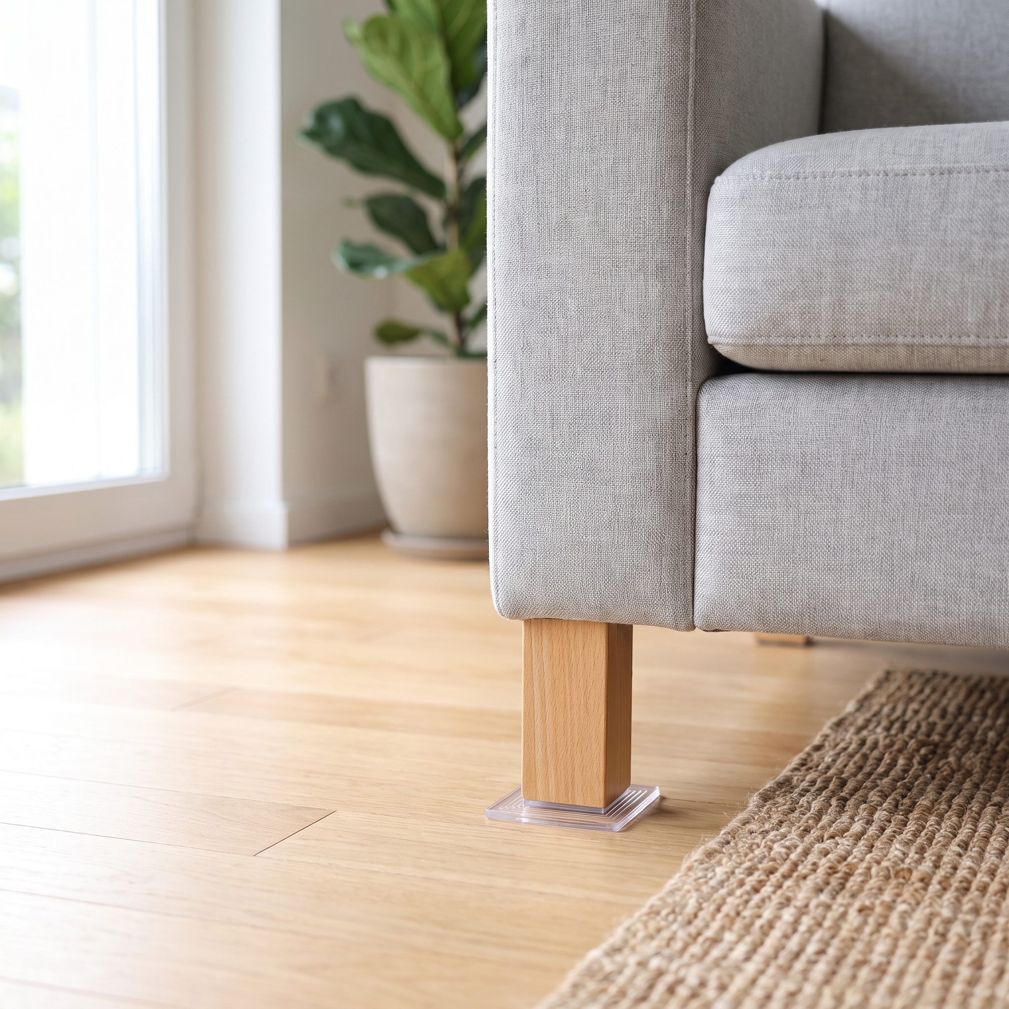 Eckiger Möbelstopper unter einem Sofafuss im Wohnzimmer